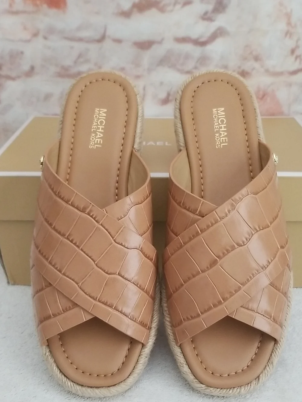 Michael Kors Tan Croc-Embossed Slide Sandals